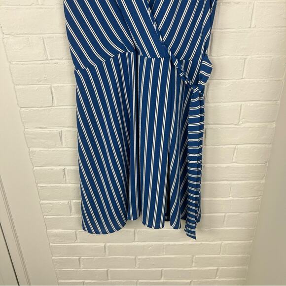 Monteau Blue White Striped Faux Wrap Mini Dress Size L - Picture 4 of 8